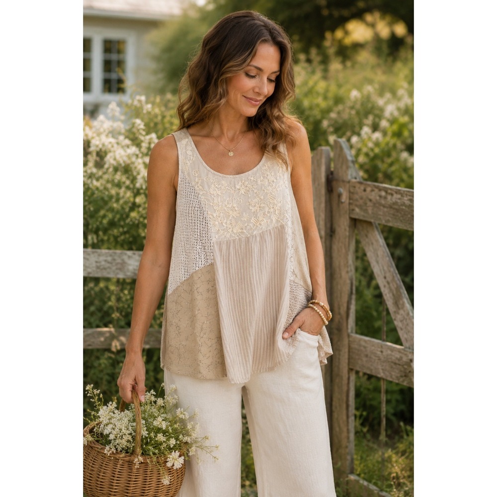 Style & Co Patchwork Lace Tunic‎ Top Womens 12 Boho Coastal Cottagecore Romantic